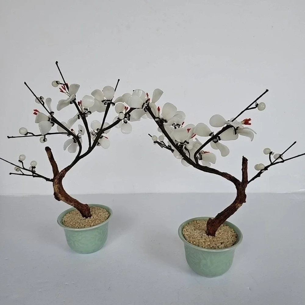 Vintage Chinese Glass Bonsai Tree Pair White Plum Blossom Celadon‎ Pot Decor